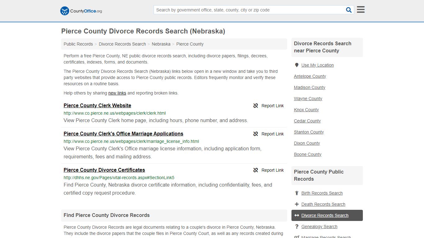Pierce County Divorce Records Search (Nebraska) - County Office